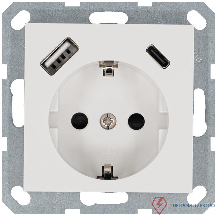 Розетка Shuko 16А с заземл. защ. шторки с 2-мя заряд. устройствами USB тип A+C 25Вт механизм бел. глянцевый Jasmart G5501USB-25W