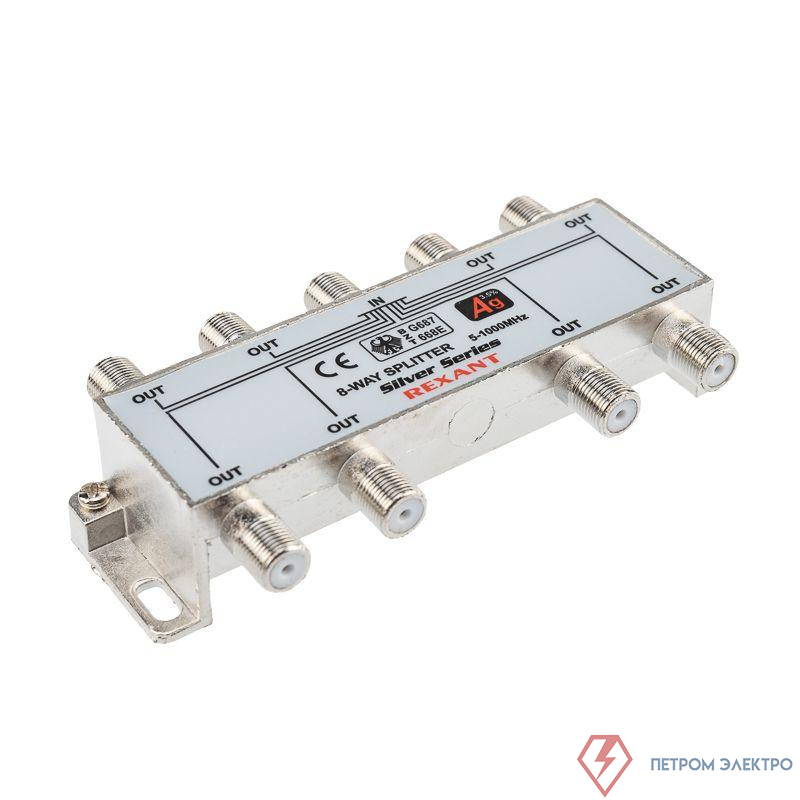Делитель ТВх8 + 9шт F 5-1000 МГц (Silver) box (уп.5шт) Rexant 05-6105