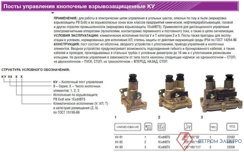 Пост управления кнопочный КУ-91-1Ех db IIВ Т5 Gb/Ex tb IIIC T95град.C Db-ХЛ2 ВЭЛАН 00-00308636