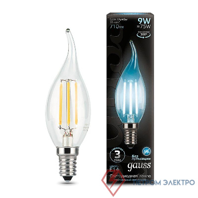 Лампа светодиодная филаментная Black Filament 9Вт свеча на ветру 4100К нейтр. бел. E14 710лм GAUSS 104801209 0