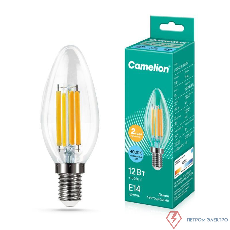 Лампа светодиодная филаментная LED12-C35-FL/845/E14 12Вт свеча прозрачная 4500К бел. E14 220-240В Camelion 13709