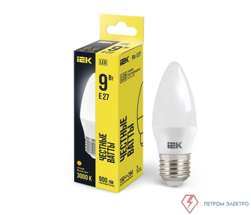 Лампа светодиодная C35 9Вт свеча 3000К E27 230В IEK LLE-C35-9-230-30-E27