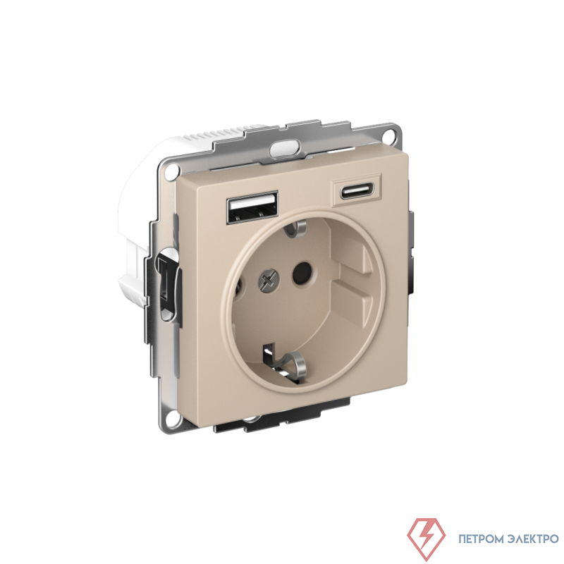 Розетка AtlasDesign 16А с 2-мя заряд. устройствами USB тип A+C 5В/2.4А/3.0А 2х5В/1.5А механизм песочн. SE ATN001232