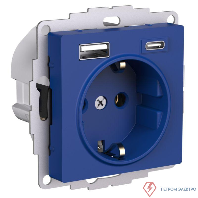 Розетка AtlasDesign 16А с 2-мя заряд. устройствами USB тип A+C 5В/2.4А/3.0А 2х5В/1.5А механизм аквамарин SE ATN001132