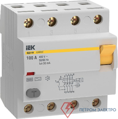 Выключатель дифференциального тока (УЗО) 4п 100А 30мА 6кА тип AC ВД3-63 KARAT IEK MDV20-4-100-030
