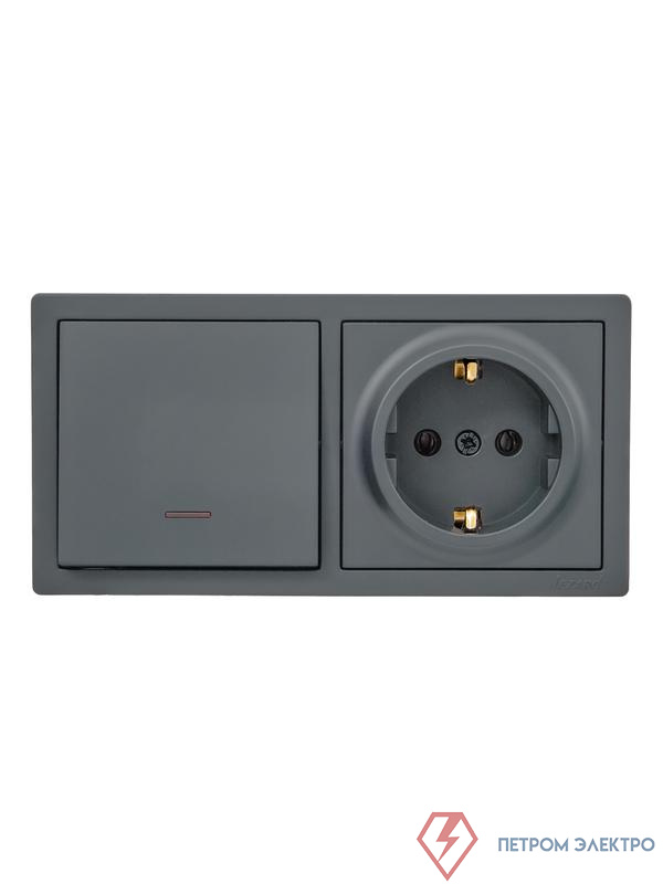 Блок ОП LETO (1-кл. выключатель с индикацией + 1-м розетка с заземл.) горизонт. графит LEZARD 752-3400-170BIP