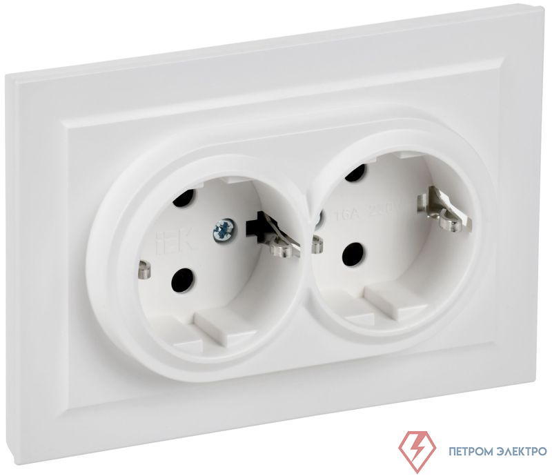 Розетка 2-м СП BRITE РСш12-3-БрАБ 16А в сборе с заземл. защ. шторки арктич. бел. IEK BR-R24-16-K91-F