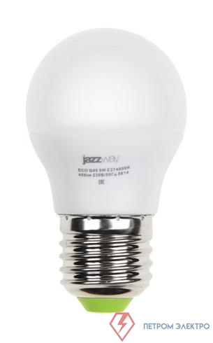 Лампа светодиодная PLED-ECO 5Вт G45 шар матовая 3000К тепл. бел. E27 400лм 230В 50Гц JazzWay 1036957A