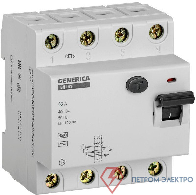 Выключатель дифференциального тока (УЗО) 4п 63А 100мА тип AC ВД1-63 GENERICA IEK MDV15-4-063-100