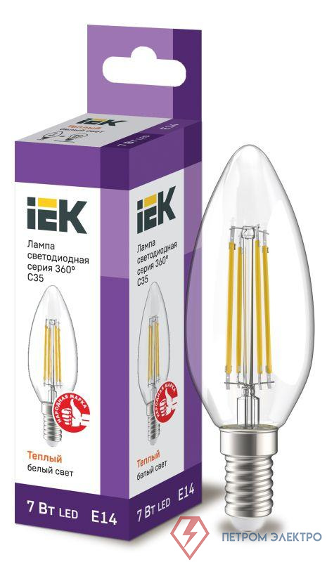 Лампа светодиодная филаментная 360° 7Вт C35 свеча 3000К E14 230В прозр. IEK LLF-C35-7-230-30-E14-CL