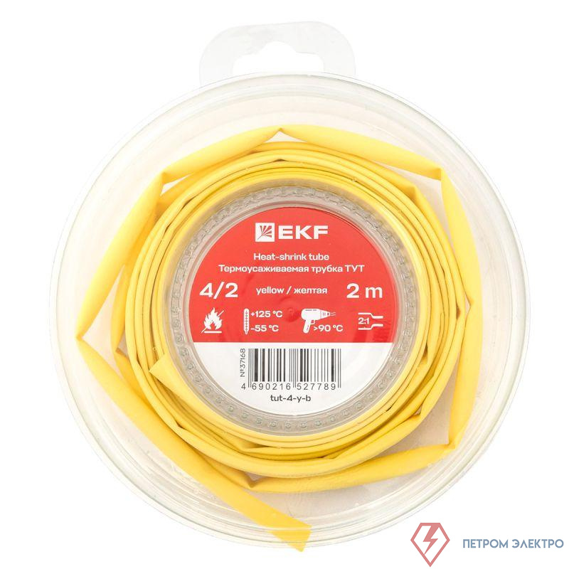 Трубка термоусадочная ТУТ нг 4/2 желт. ролик 2 м EKF tut-4-y-b