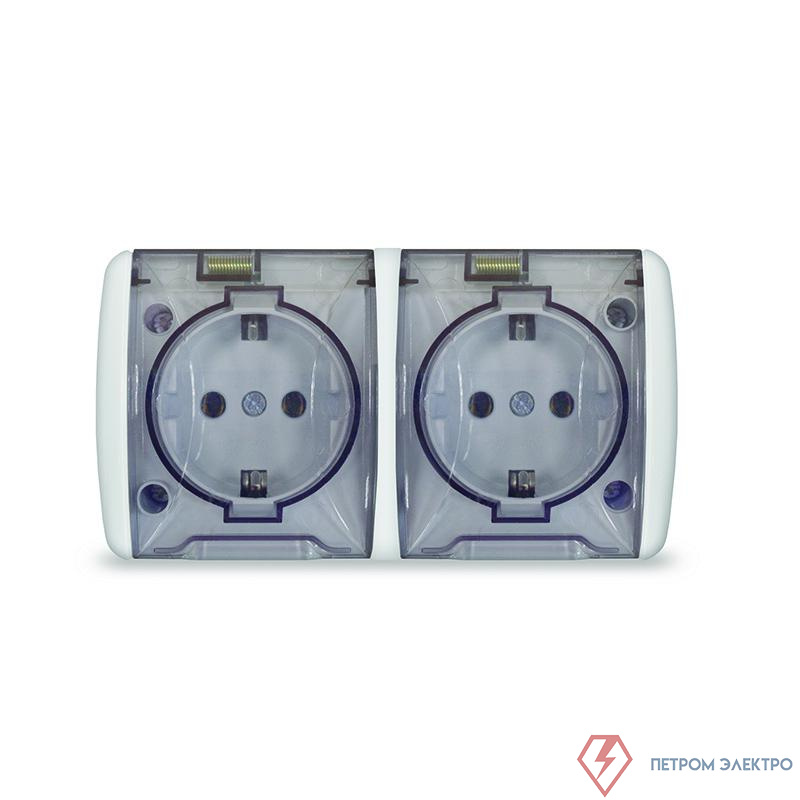 Розетка 2-м ОП Клио 16А IP54 с заземл. с прозр. крышкой бел. Universal К2232