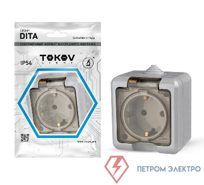 Розетка 1-м ОП Dita 16А IP54 250В с заземл. с прозр. крышкой сер. TOKOV ELECTRIC TKL-DT-R1Z-C06T-IP54