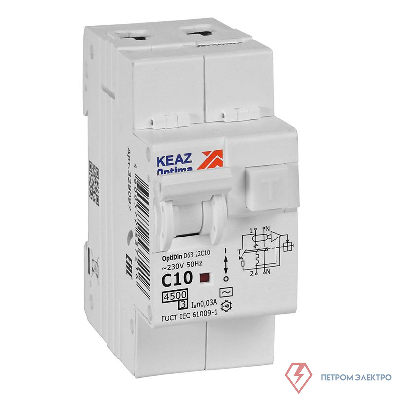 Выключатель автоматический дифференциального тока 2п OptiDin D63-22C10-AC-У3 C10 30мА 4.5кА с защитой от сверхтоков КЭАЗ 328097