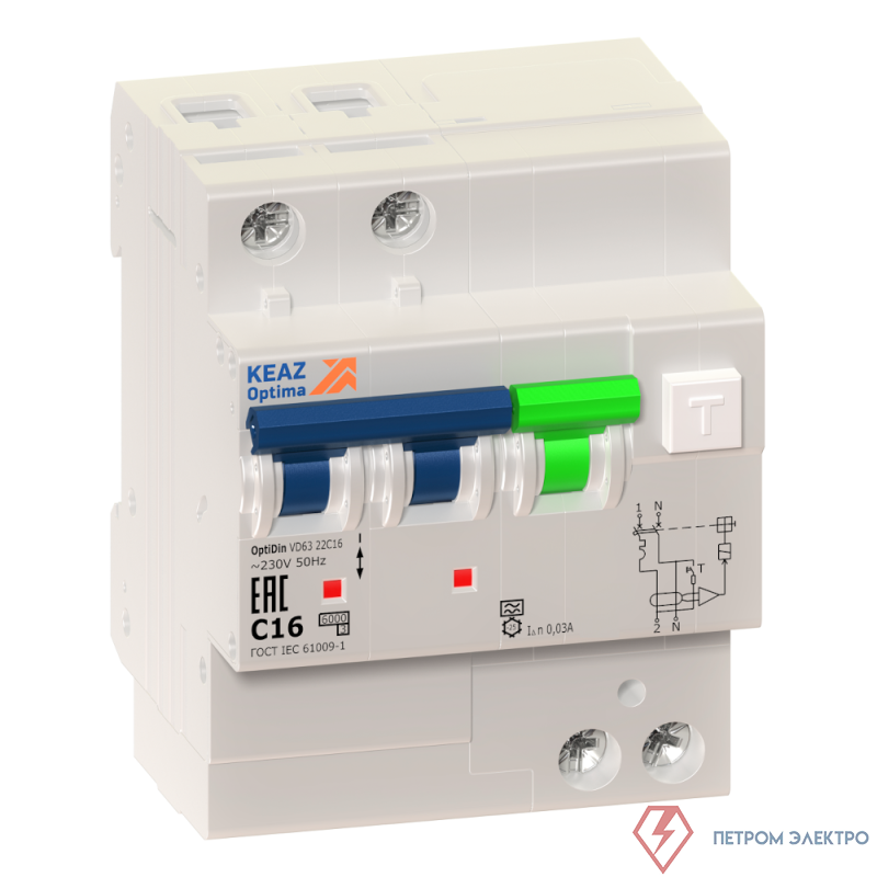 Выключатель автоматический дифференциального тока 2п B 16А 30mA тип A OptiDin VD63 УХЛ4 КЭАЗ 338290