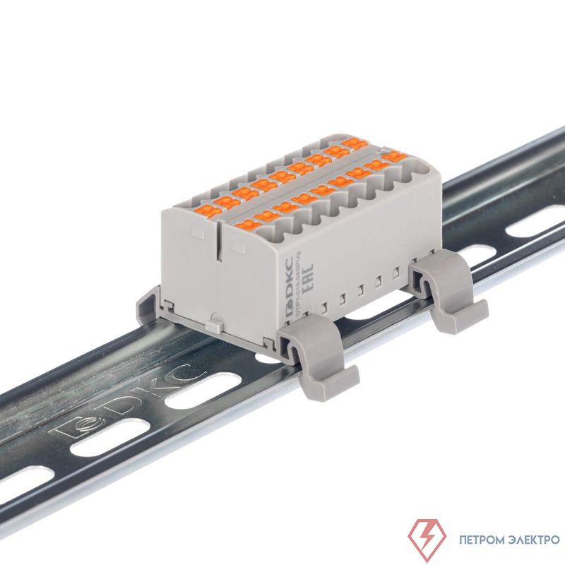 Блок распределительный с горизонт. адаптером на рейку шир. 35мм зажим push-in 18 точек подключения 2.5кв.мм сер. DKC DTP1-018-04SPUG-H