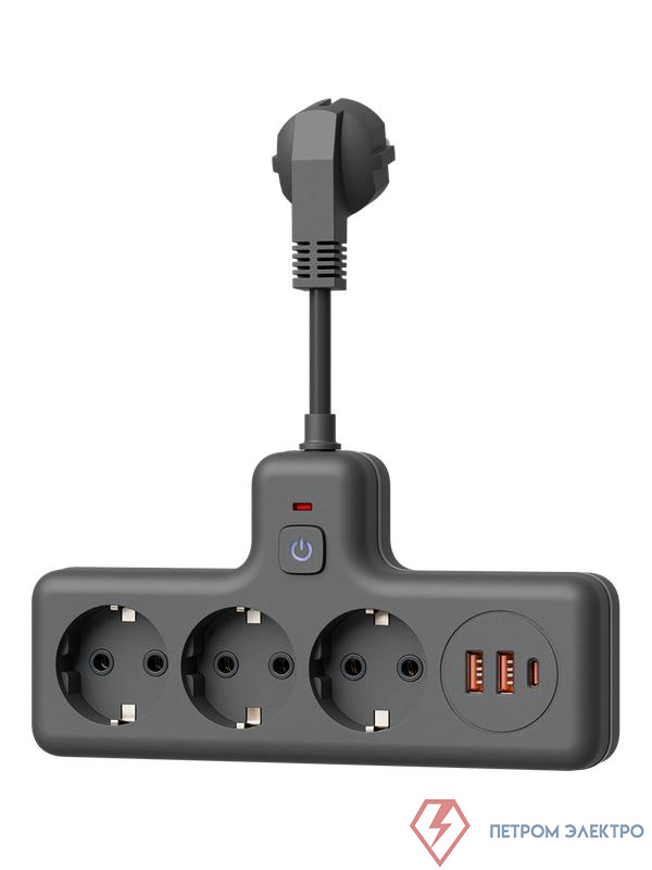 Удлинитель с сетевым фильтром 3х0.3м 10А 2USB + 1USBC 2500Вт ПВС 3х1 компакт черн. КОСМОС FRKsm0.3m-3g(B)USB