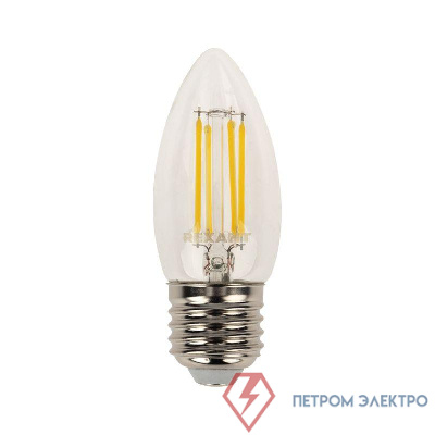 Лампа светодиодная филаментная 9.5Вт CN35 свеча прозрачная 4000К нейтр. бел. E27 950лм Rexant 604-094