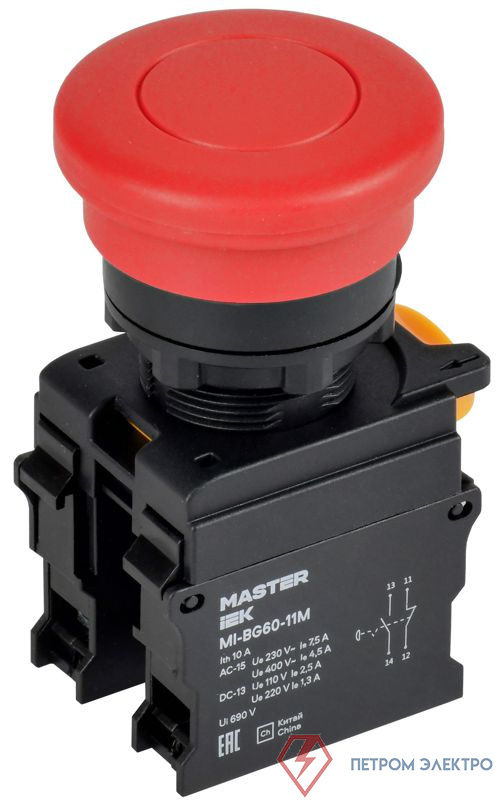 Кнопка "Грибок" d22мм 1НО+1НЗ MASTER без фиксации красн. IEK MI-BG60-11M-3-21-K04