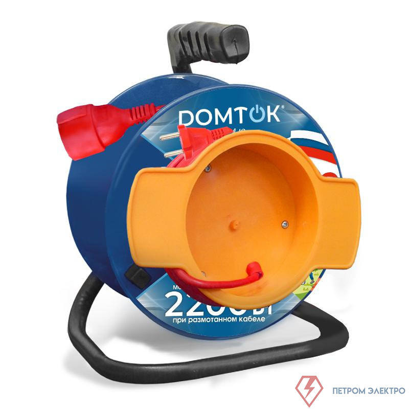 Удлинитель на катушке 1х20м без заземл. 10А IP20 2.2кВт с выносн. розеткой ПВС 2х1 DOMTOK 2427