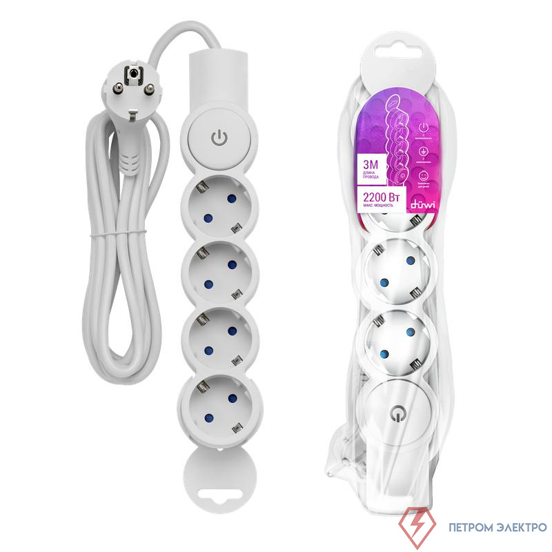 Удлинитель 4х3м с заземл. 10А IP20 ПВС 3х0.75 с выкл. защ. шторки REV 32014 4