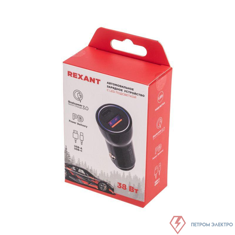 Автозарядка в прикуриватель АЗУ USB-A (QC 3.0)+USB-C (PD) 38Вт черн. Rexant 18-1200