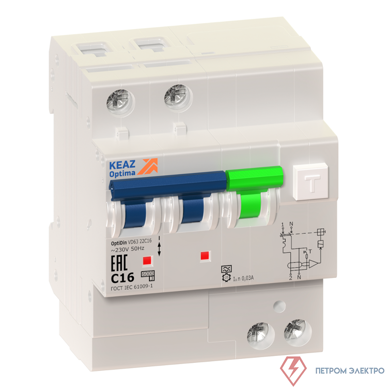 Выключатель автоматический дифференциального тока 2п D 10А 30mA тип A OptiDin VD63 УХЛ4 КЭАЗ 338346