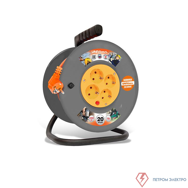Удлинитель на катушке 4х20м с заземл. 6А IP20 ВЕМ-250 ПВС 3х0.75 термозащита защ. шторки UNIVersal 1679