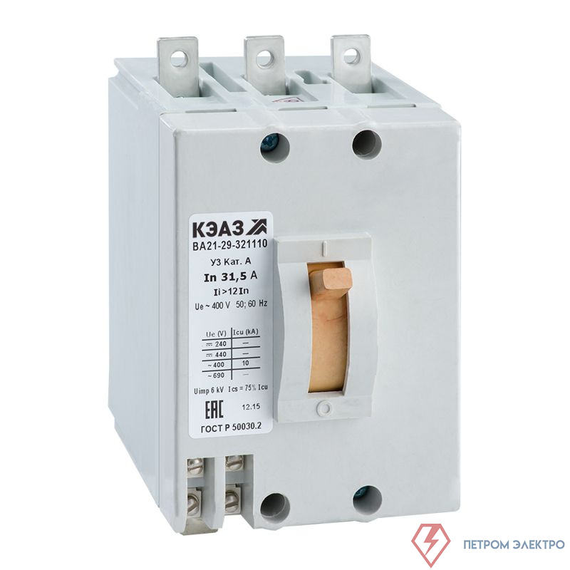 Выключатель автоматический 3п 10А 12Iн 10кА ВА21-29-341810 У3 400В AC НР=24В AC/DC КЭАЗ 236491