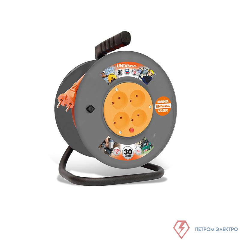 Удлинитель на катушке 4х30м без заземл. 6А IP20 ВЕМ-250 ПВС 2х0.75 термозащита UNIVersal 9634148