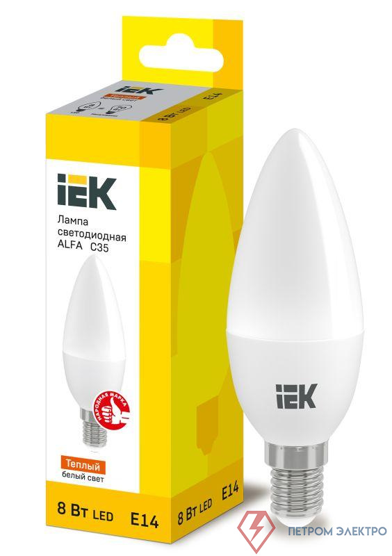 Лампа светодиодная Alfa 8Вт C35 свеча 3000К E14 230В (6шт) IEK LLA-C35-8-230-30-E14-6
