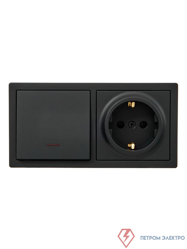 Блок ОП LETO (1-кл. выключатель с индикацией + 1-м розетка с заземл.) горизонт. черн. бархат LEZARD 752-4200-170BIP
