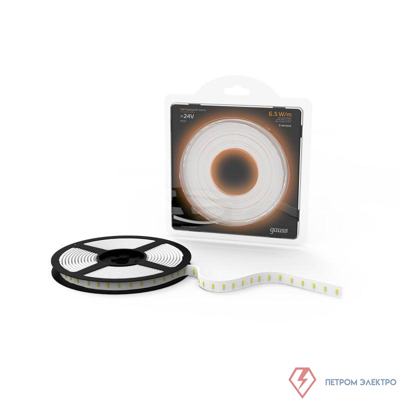 Лента светодиодная Black 2835/120-SMD 6.5Вт/м 3000К тепл. бел. IP20 600лм/м 24В (блист.5м) GAUSS 312000165