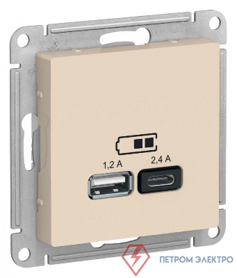 Розетка USB AtlasDesign тип A+C 5В/2.4А 2х5В/1.2А механизм беж. SE ATN000239