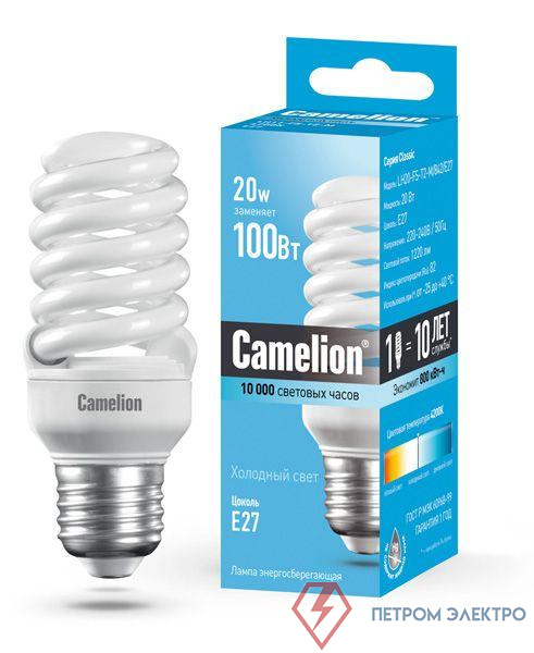 Лампа люминесцентная компакт. LH FS T2 M 20Вт спиральная 4200К E27 220В Camelion 10523