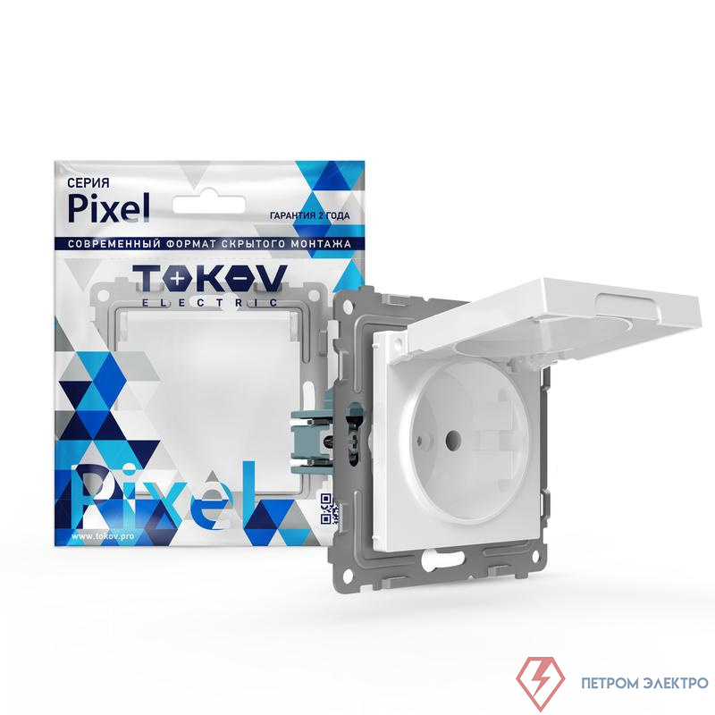 Розетка 1-м СП Pixel IP44 с заземл. защ. шторки с крышкой механизм бел. TOKOV ELECTRIC TKE-PX-R1ZSW1-C01-IP44