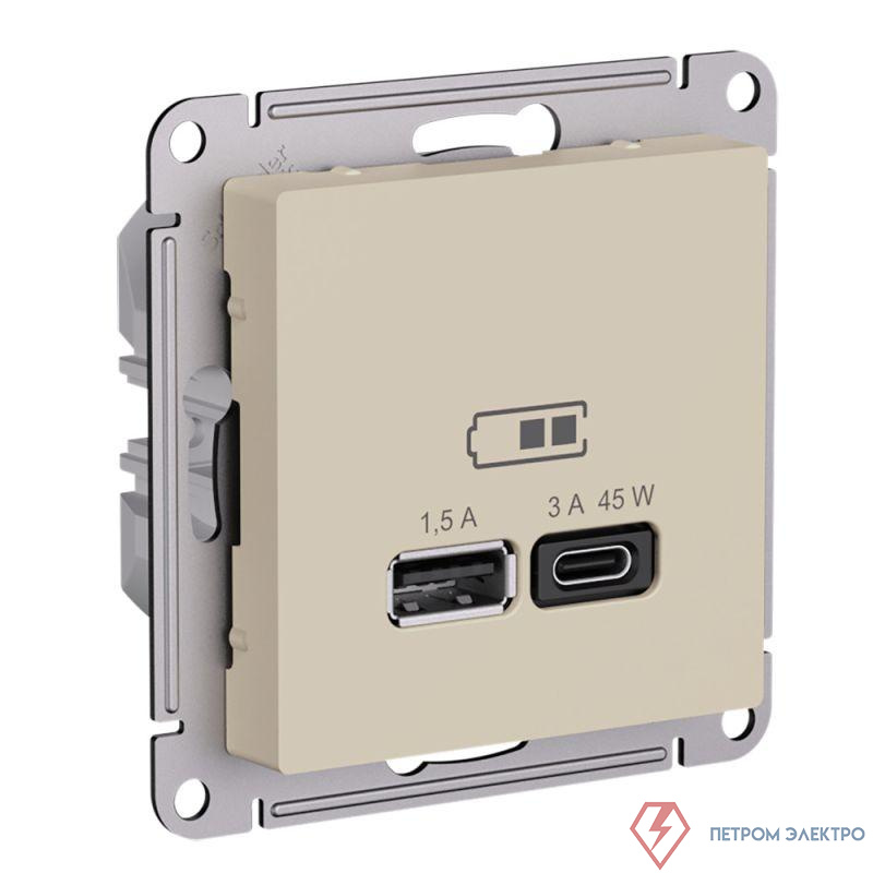 Розетка USB AtlasDesign тип A+C 45Вт высокоскор. ЗУ QC PD механизм песочн. SE ATN001229