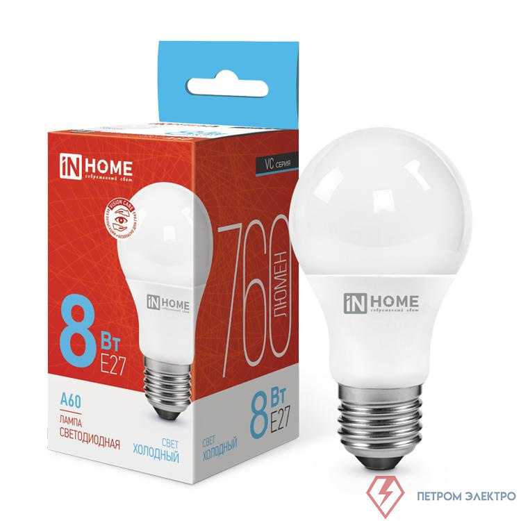 Лампа светодиодная LED-A60-VC 8Вт грушевидная 6500К холод. бел. E27 760лм 230В IN HOME 4690612024042