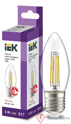 Лампа светодиодная филаментная 360° 5Вт C35 свеча 3000К E27 230В прозр. IEK LLF-C35-5-230-30-E27-CL 0