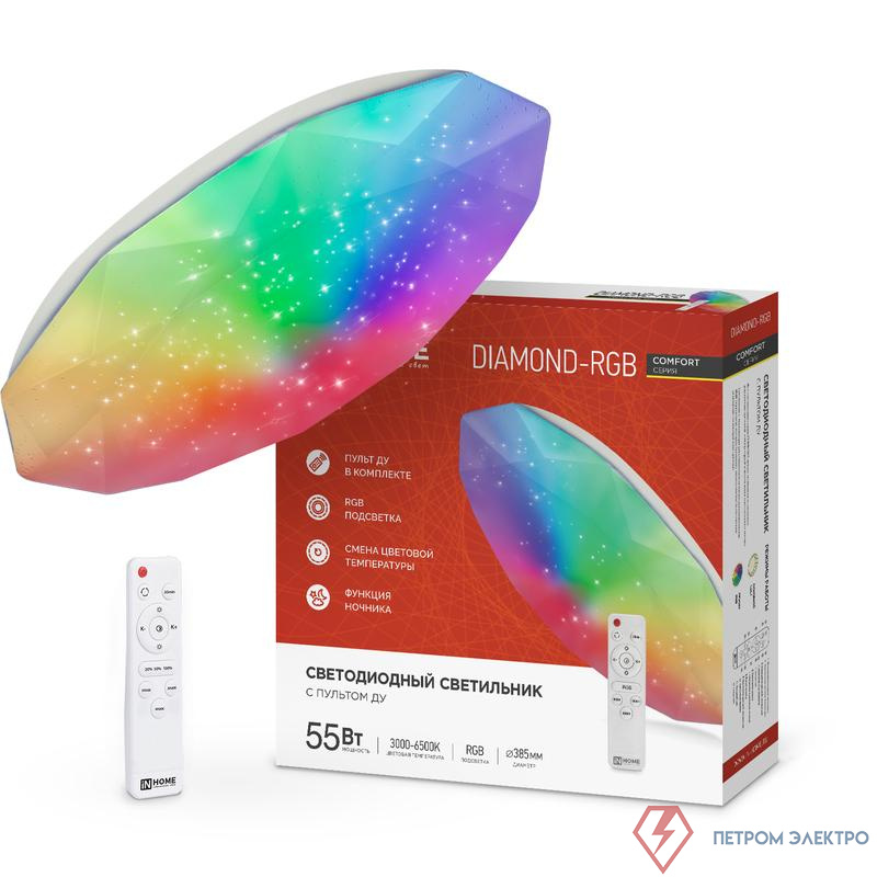 Светильник светодиодный COMFORT DIAMOND-RGB 55Вт 230В 3000-6500К 4400лм 385х75мм с пультом ДУ IN HOME 4690612044576