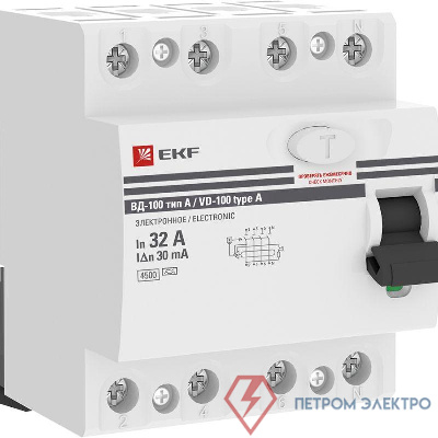 Выключатель дифференциального тока (УЗО) 4п 32А 30мА тип A ВД-100 (электромех.) PROxima EKF elcb-4-32-30-em-a-pro