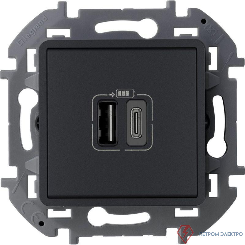 Устройство зарядное Inspiria с 2-мя USB разьемами A и C 240В/5В 3000мА антрацит IEK 673763
