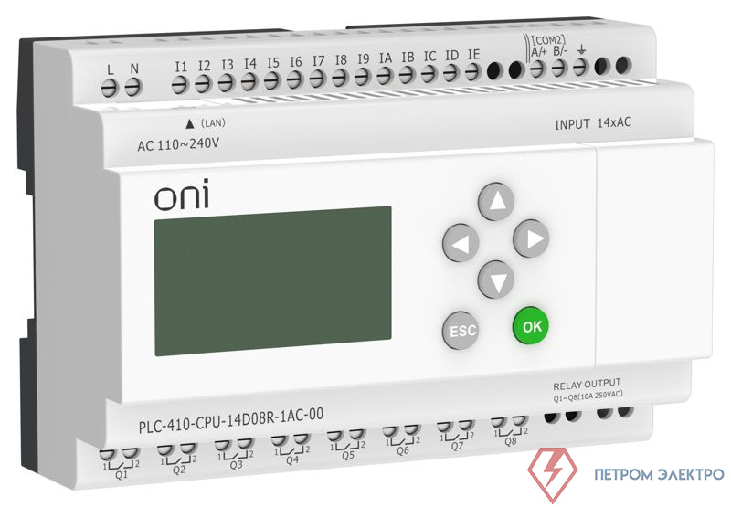 Модуль ЦПУ ПЛК 410 14 DI 8 RO 220В AC с Ethernet портом с экраном ONI PLC-410-CPU-14D08R-1AC-00