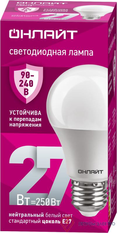 Лампа светодиодная 90 407 OLL-A60-27-230-4K-E27 (PRO 90-240В) ОНЛАЙТ 90407