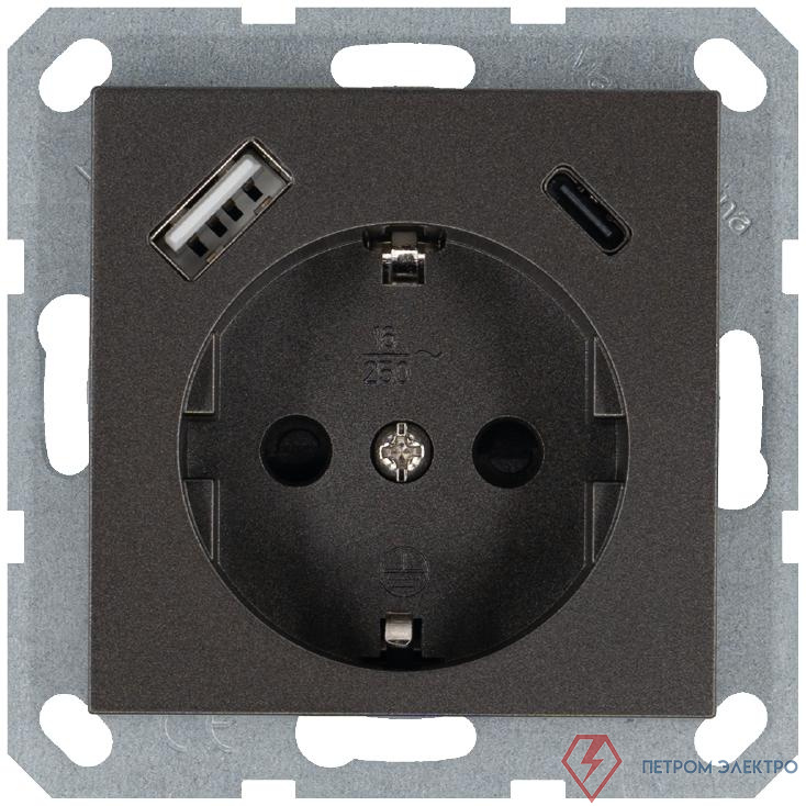 Розетка Shuko 16А с заземл. защ. шторки с 2-мя заряд. устройствами USB тип A+C 25Вт механизм мокко Jasmart G5501USB-25Z