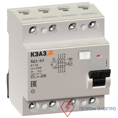 Выключатель дифференциального тока (УЗО) 4п 40А 30мА тип AC ВД1-63 4240 УХЛ4 КЭАЗ 221949