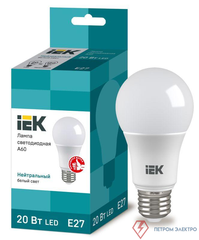 Лампа светодиодная Eco 20Вт A60 грушевидная 4000К нейтр. бел. E27 230В IEK LLE-A60-20-230-40-E27