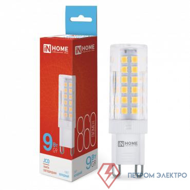 Лампа светодиодная LED-JCD 9Вт капсульная прозрачная 6500К холод. бел. G9 860лм 230В IN HOME 4690612036403