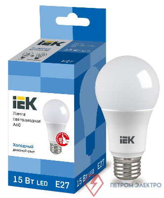 Лампа светодиодная ECO A60 15Вт грушевидная 230В 6500К E27 IEK LLE-A60-15-230-65-E27 0