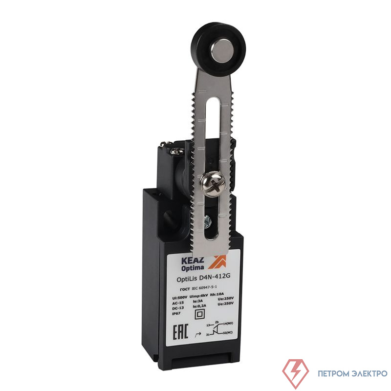 Выключатель концевой OptiLiS D4N-412G рычаг регулируемый с роликом пластик. EN 50047 XCKN2145P20 КЭАЗ 365310